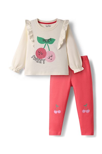 Bonfino 100% Cotton Knit Full Sleeves T-Shirt & Leggings Set With Cherry Print - Ivory & Red