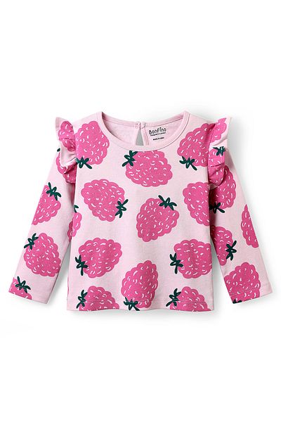 Bonfino 100% Cotton Knit Full Sleeves Co-ords T-Shit & Pant Set With Tropical Theme Print - Pink