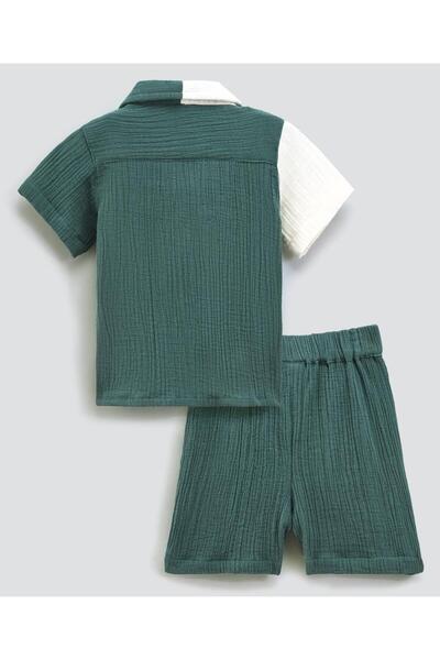 Bonfino BOYS 100% COTTON DOUBLE GAUZ SHORTS SETS -OFF WHITE / OLIVE