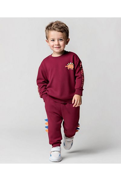 Bonfino Drop Shoulder Full Sleeves Dino Printed Sweatshirt With Jogger - Maroon