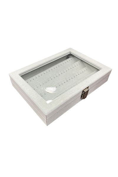 STAND MARKET Multi-Compartment Earring Organizer Box with Glass Lid - Alcantara Gray