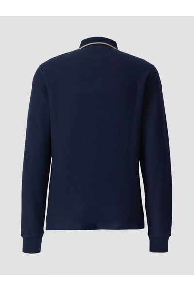 s.Oliver Men's long-sleeved polo shirt with zipped neckline, textured, Dark Navy