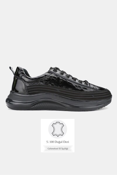 TUNAELLİ Men's Black Patent Leather Genuine Leather Lace up Sneaker Shoes
