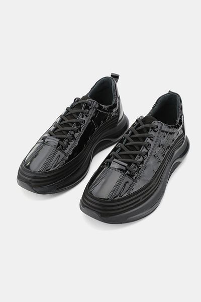 TUNAELLİ Men's Black Patent Leather Genuine Leather Lace up Sneaker Shoes