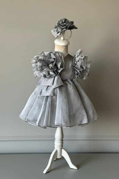 Mialora Special Design Girl's Dress, Flower and Pearl Detail, Ruffle Sleeves, Crown Accessories