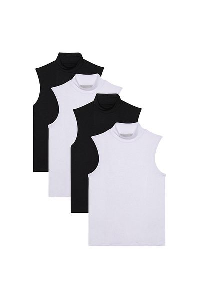 Tudors Women's 4 Pack Black-White Regular Fit Viscose Fabric Turtleneck Zero Sleeve Blouse