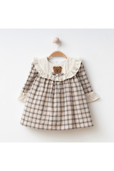 My Lusa baby wear Teddy Bear Embroidered Plaid Baby Girl Dress
