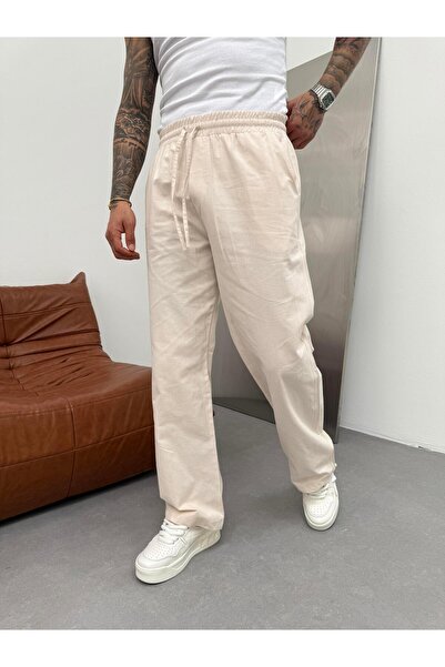 KağanKY Krem Keten Baggy Pantolon
