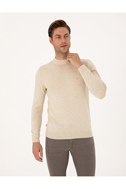 Pierre Cardin Cream Melange Slim Fit Quarter Collar Basic Knitwear Sweater 50314188-Vr159