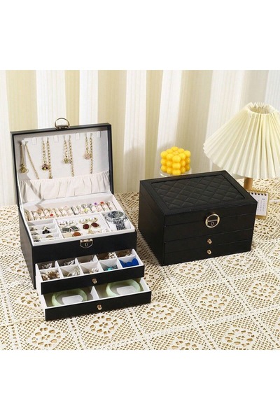 gaman Convenient Multi-Tier Jewelry Jewelry Box - Locking, Divided, Leatherette Finish