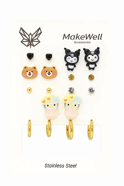MakeWell Steel Hello Kity Unicorn Kuromi Teddy Bear Rose Rabbit Daisy Figures Steel Hoop Earrings Sets