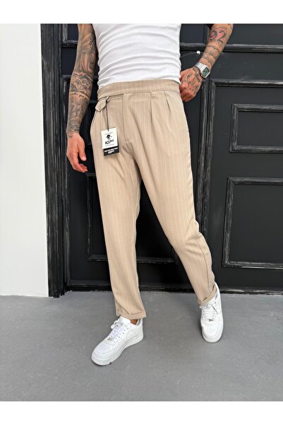 KağanKY Κρεμ λευκό ριγέ πλισέ παντελόνι από ύφασμα Boyfriend