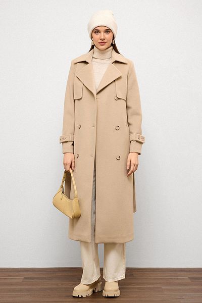 Olcay Cloak Detailed Double Breasted Coat Beige 3091