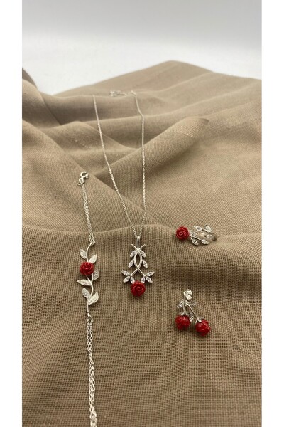 SURA SILVER GÜL MODEL 925 AYAR RODYUM GÜMÜŞ SET (KOLYE,KÜPE,BİLEKLİK VE AYARL...