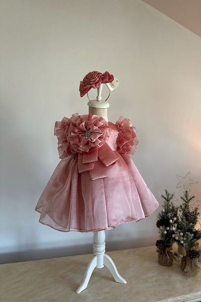 Mialora Special Design Girl's Dress, Flower and Pearl Detail, Ruffle Sleeves, Crown Accessory