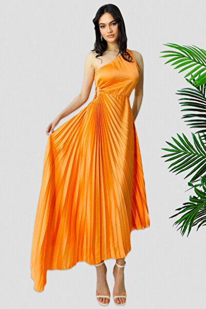 FashionForYou Rochie plisata asimetrica Elza, cu decupaj in zona taliei, Port...