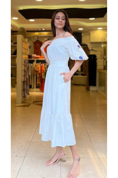Unique Strapless Collar Sleeve Embroidery Detail Long Dress