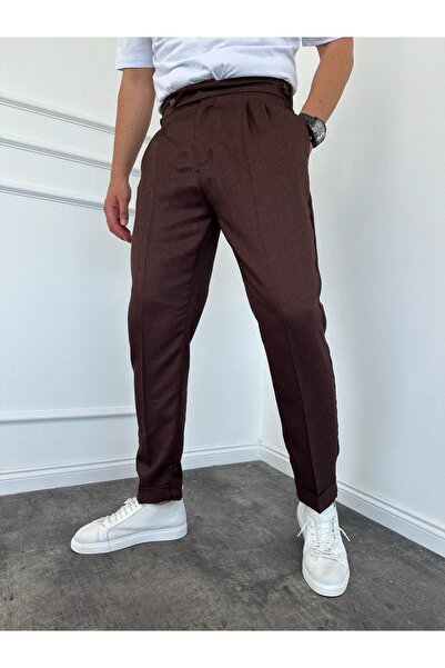 KağanKY Pantaloni maro cu talie înaltă pliuri
