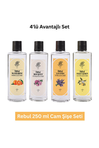 Rebul 250 ml Cam Şişe Kolonya Seti – Bouquet, Mandarine, Lavanda, Sweet Lemon