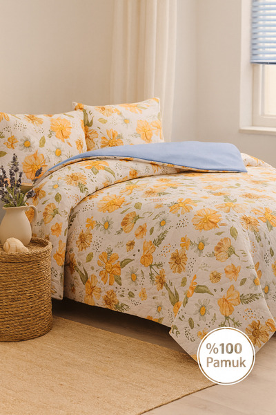 Evimcim 100% Cotton Single Quilted Duvet Cover Set with Yellow Flower Pattern Stylish Boxed