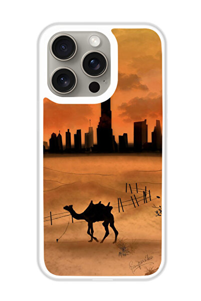 Theodor غطاء حماية لهاتف أبل آيفون 15 برو، غروب الشمس، جمل، برج خليفة (مصد أبيض)