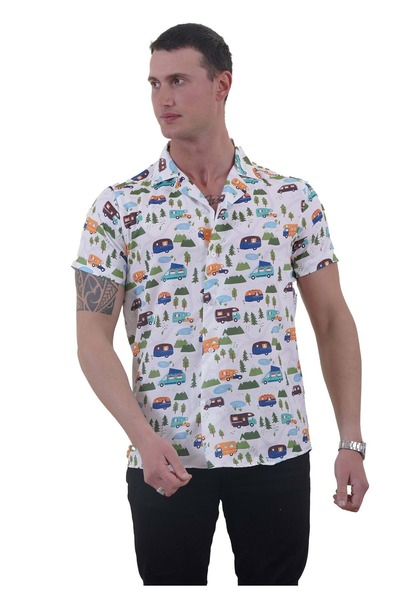 Exve Exclusive Orange Blue Green Camping Caravan Nature Themed Hawaiian Apaş Collar Relaxed Fit Short Sleeve Loose Shirt