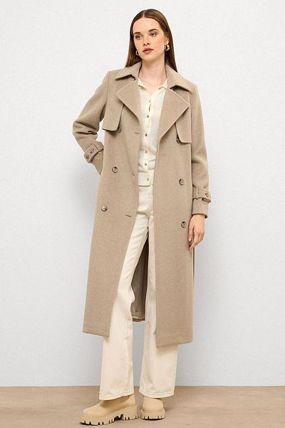 Olcay Double Breasted Coat with Cape Detail Taş Melanj 3091
