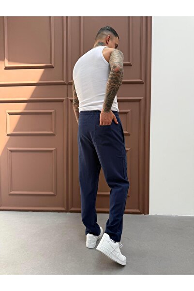 KağanKY Παντελόνι μπλε ναυτικό από διπλό ύφασμα φαρδύ