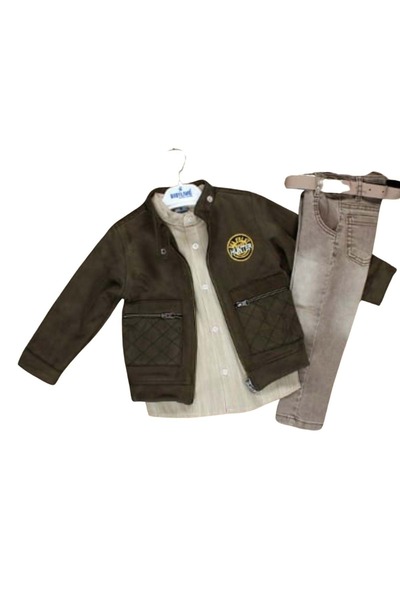 ww waka waka kids store Boys' Suit with Pockets, Zippered Suede Jacket, Shirt and Trousers - Khaki - 2 Years