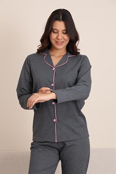 STELLAPİNK طقم بيجامة مزدوجة بأكمام طويلة مع تفاصيل مكشكشة بأزرار - رمادي