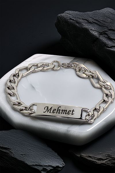 OSMANLI GÜMÜŞ Men's Steel Bracelet - Name Writable Figaro Chain Model Men's Bracelet