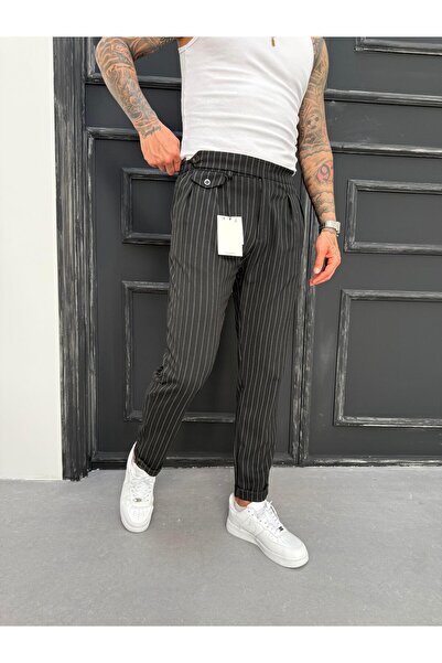 KağanKY Siyah Beyaz Çizgili Pileli Boyfriend Kumaş Pantolon