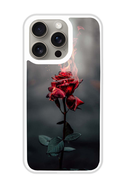 Theodor غطاء حماية لجهاز أبل آيفون 15 برو - وردة حمراء مشتعلة (مصد أبيض)