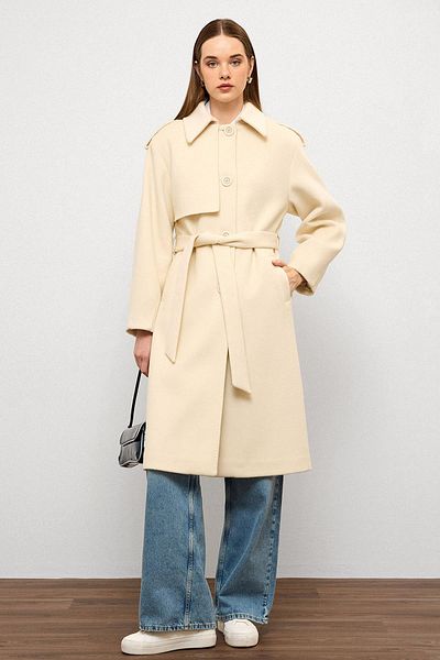 Olcay Shirt Collar Punto Stitching Detailed Premium Coat Ecru 3125