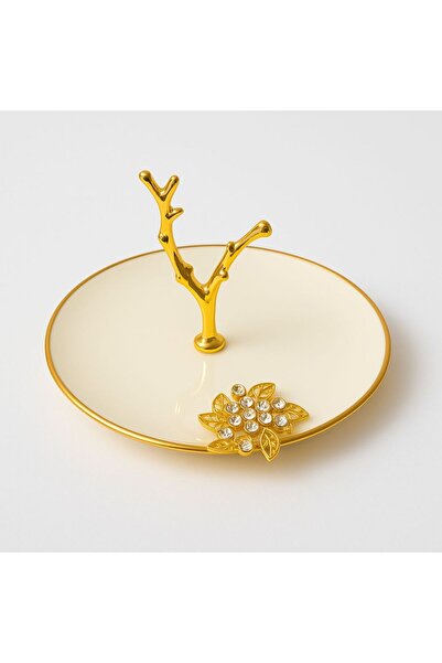 gold renk dekoratif taşlı porselen sunumluk 18 cm