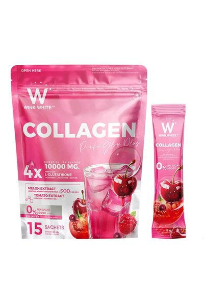 Wink White Collagen Pink Glow Plus 4 x L-Glutathione Dipeptide Tripeptide 10000 MG - 15 Sachets