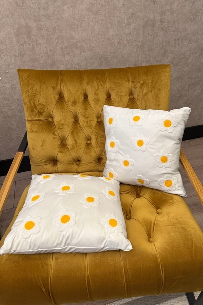 SİMEREV HALI HOME CONSEPT Punch Embroidered 2 Pieces Cream Fabric Yellow White Woven Throw Pillow Case Modern Bohemian Pattern Case
