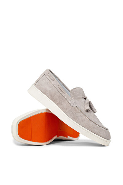 Deery Erkek Gri Hakiki Süet Püsküllü Loafer Ayakkabı