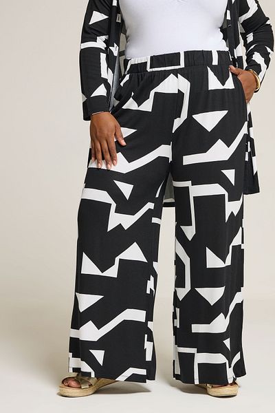 Stil Diva Plus Size Elastic Waist Abstract Patterned Wide Leg Trousers with Pockets 304089