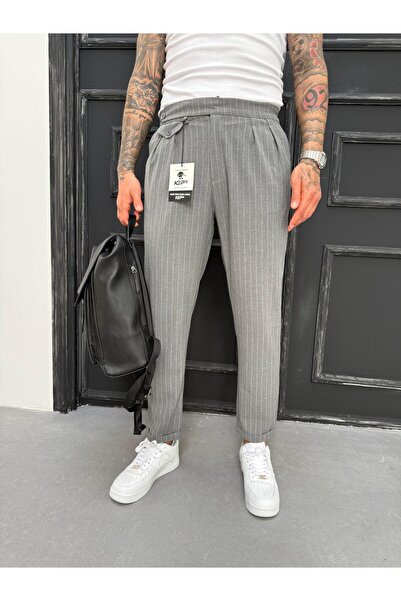 KağanKY Smoked White Striped Pleated Boyfriend Fabric Trousers