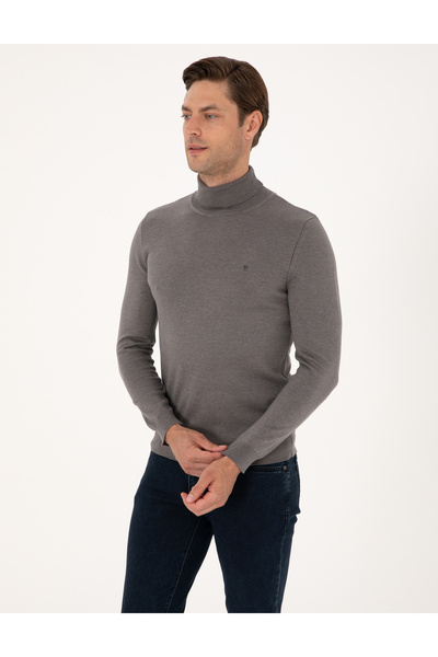 Pierre Cardin Gri Melanj Slim Fit Balıkçı Yaka Basic Triko Kazak 50314202-VR086