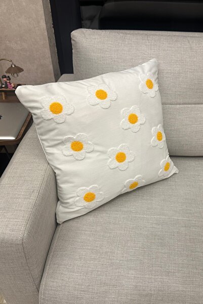 SİMEREV HALI HOME CONSEPT Punch Nakışlı 2 Adet Krem Kumaş Sarı Beyaz Dokuma Kırlent Kılıfı Modern Bohem Desen Kılıf