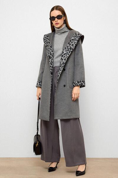 Olcay Hooded Leopard Pattern Garnished Bag Pocket Coat Dark Gray 3123