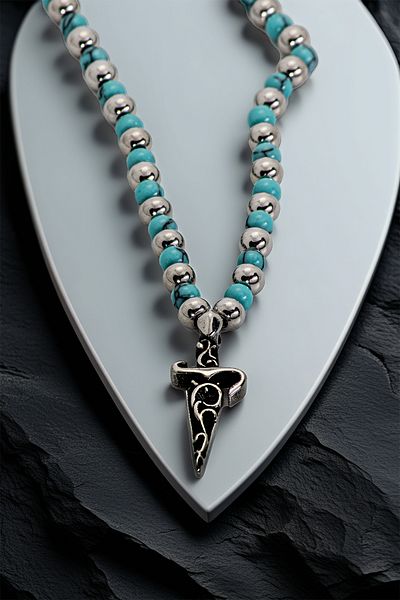 OSMANLI GÜMÜŞ Kılıçhan Model Turquoise Beaded Sword Figured Men's Necklace – Symbol of Power and Style