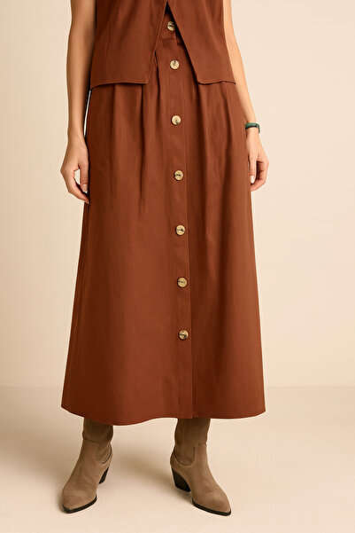 AMİDA Women's Brown Buttoned Vest Skirt Gabardine Suit - 2528