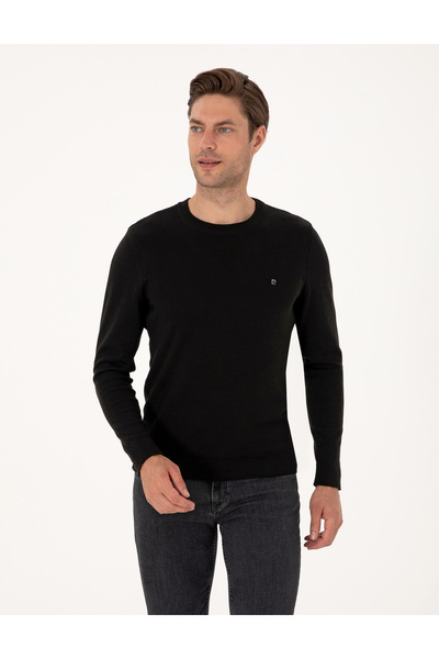 Pierre Cardin Black Slim Fit Crew Neck Basic Sweater 50314192-Vr046