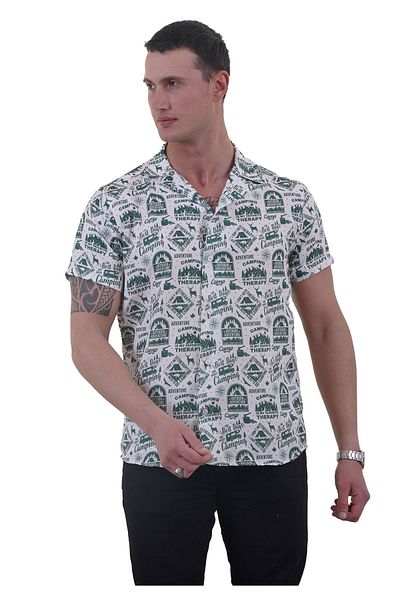 Exve Exclusive Green Camping Caravan Nature Themed Hawaiian Apaş Collar Relaxed Fit Short Sleeve Loose Shirt