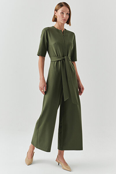 Exquise Belted Short Sleeve Zipper Closure Knitted Slim Fit Jumpsuit