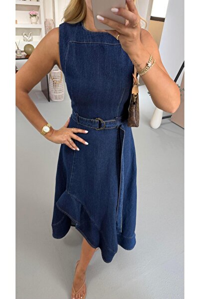 Sezgi Tekin Asimetrik Volanlı Lacivert Denim Elbise