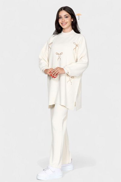 NEWCO Chic Ribbon Stone Embroidered Women's Double Knitwear Suit Loose Fit Long Sleeves and Comfortable Pants